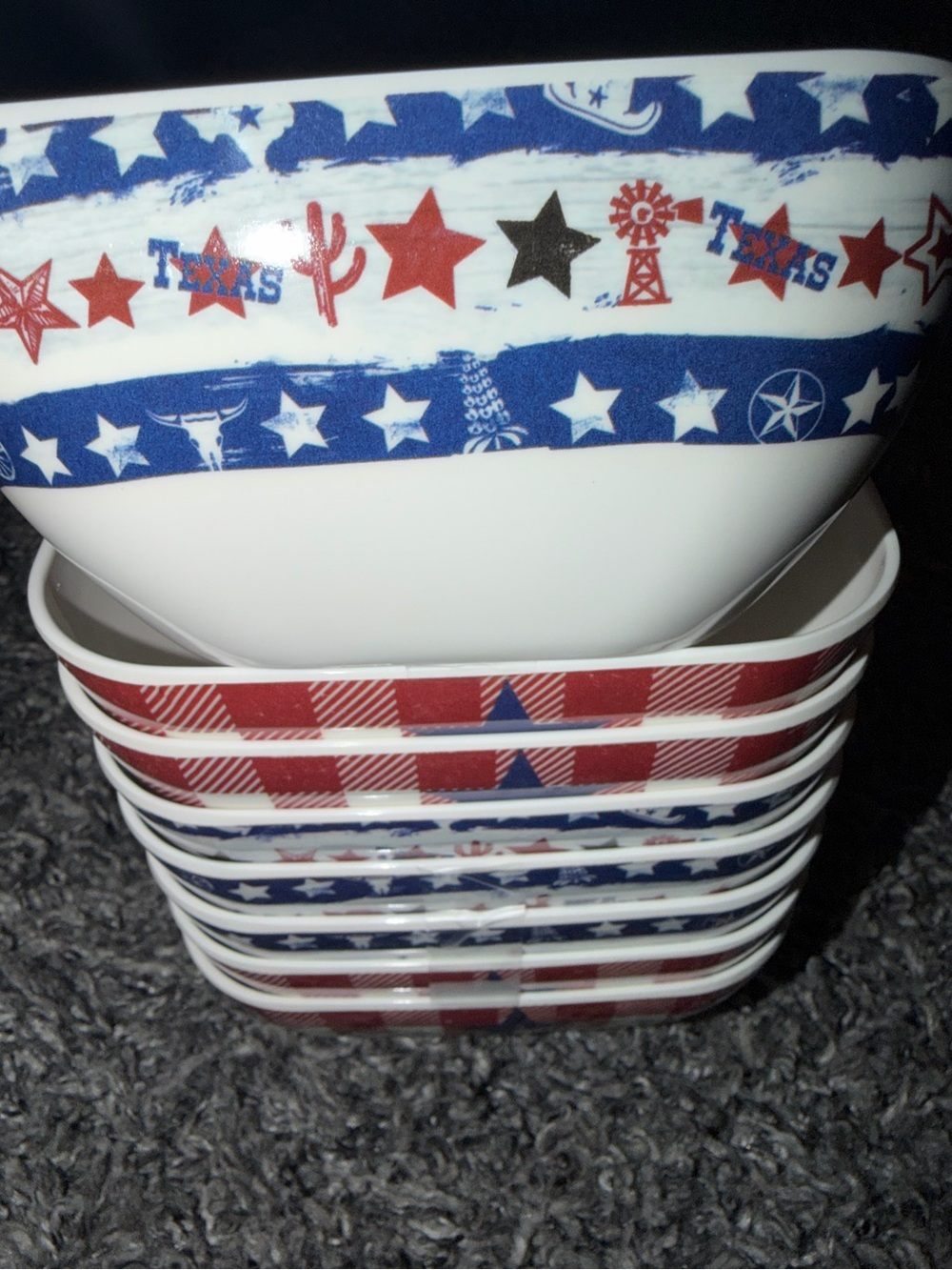 Vtg Set Of 8 Patriotic Melamine Square Bowls 4th Of July Celebrate Texas